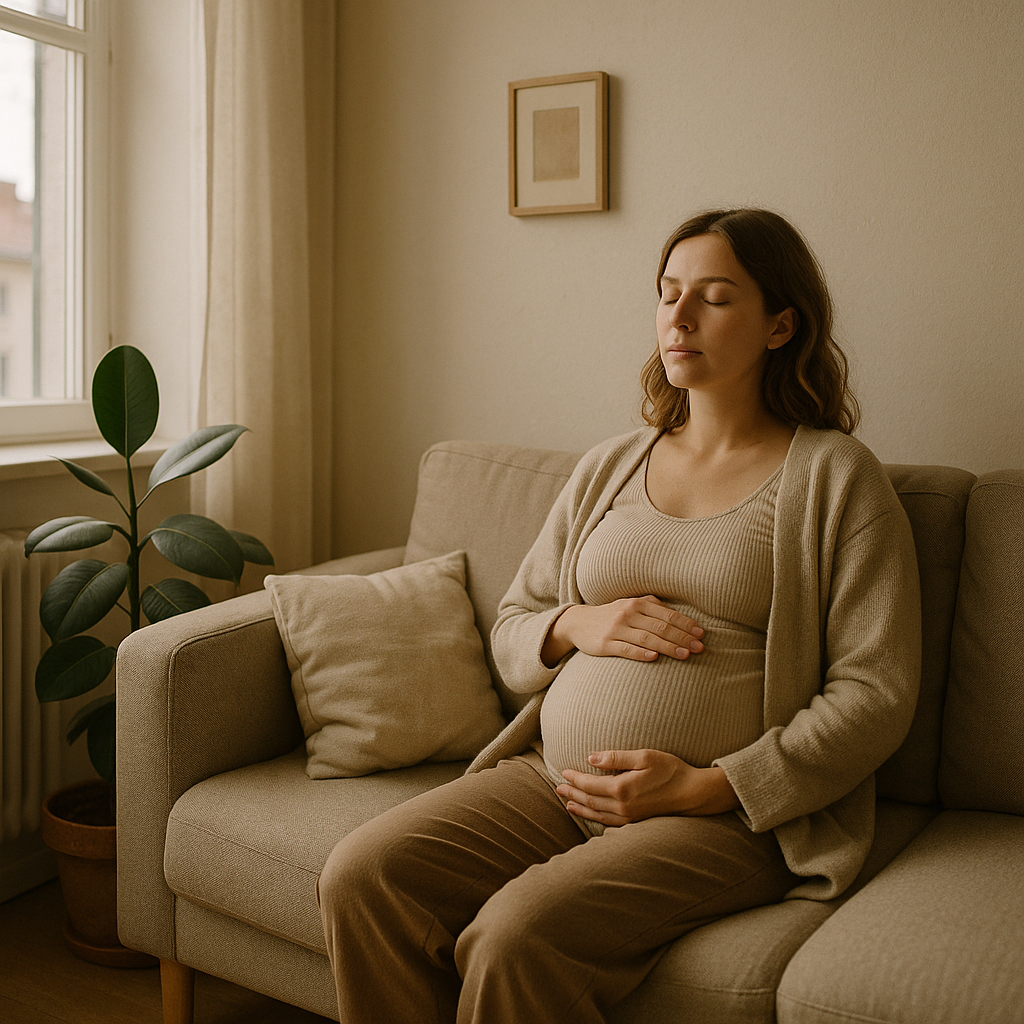 Pregnant woman sitting quietly by a window, reflecting and practicing calming emotion regulation techniques.