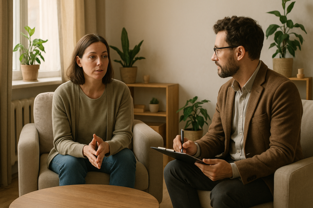 Person sitting in a comfortable chair talking with a therapist in a warm, softly lit living room.