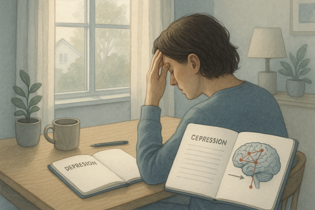 Person sitting by a window, reflecting over a notebook and brain diagram, representing the cognitive side of depression and targeted treatment.