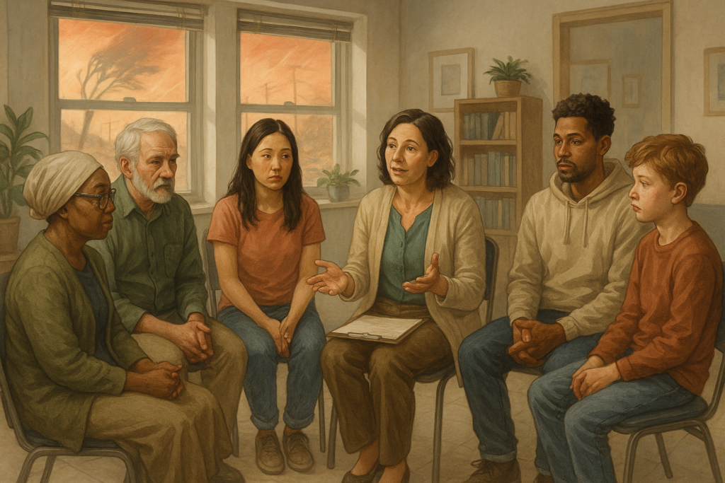 People from vulnerable communities speaking with a mental health professional in a clinic while extreme weather appears outside the windows.