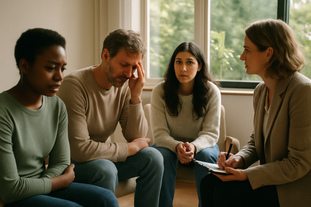 Therapist leading a small group session on depression and climate-related stress in a bright counseling room with plants and natural light.