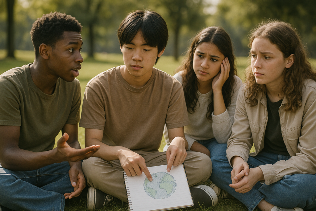 Group of teenagers in a park discussing their feelings about climate change and supporting each other.