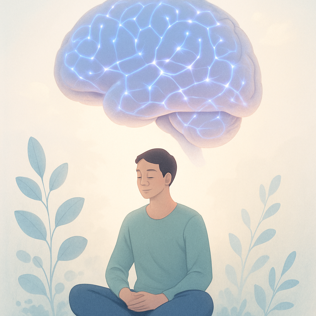 Illustration of brain networks above a person sitting calmly, symbolizing depression and emerging treatments.
