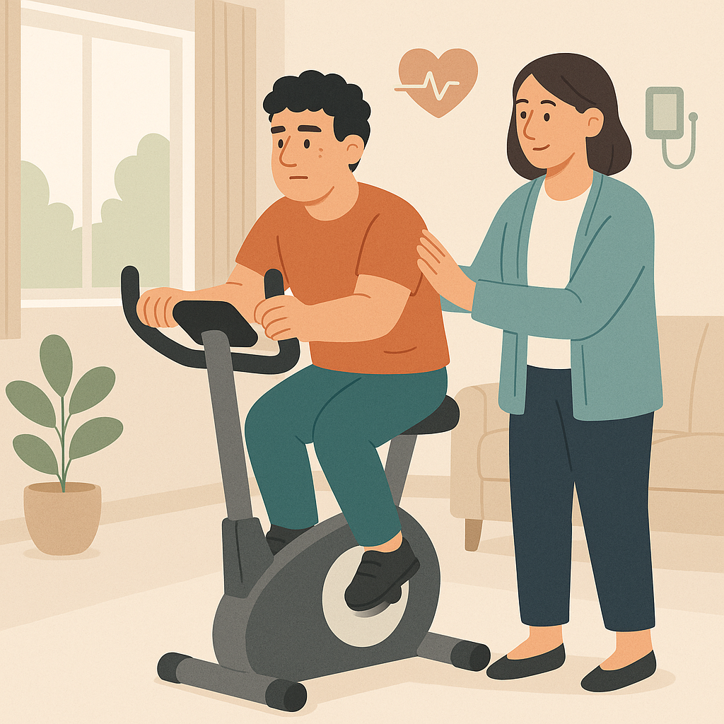 Autistic adult exercising on a stationary bike at home with a supportive caregiver, symbolizing heart health and cardiovascular disease prevention.