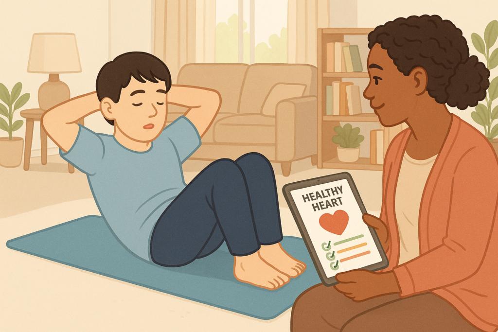 Autistic young adult exercising at home with caregiver reviewing a heart health checklist.