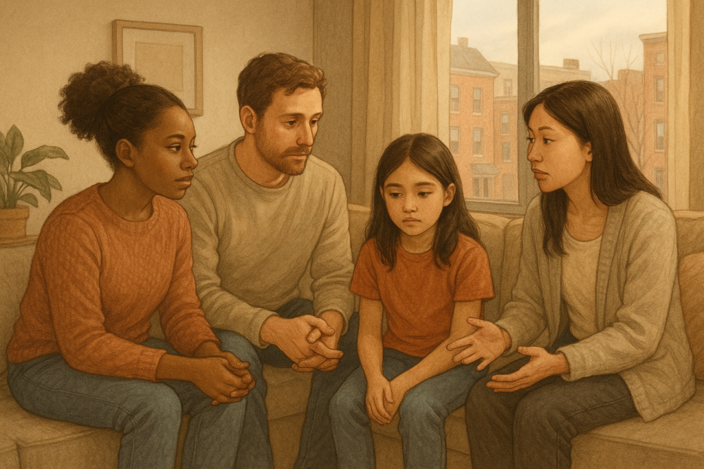 Parent and child talking together about mental health in a calm home setting with a neighborhood view outside.