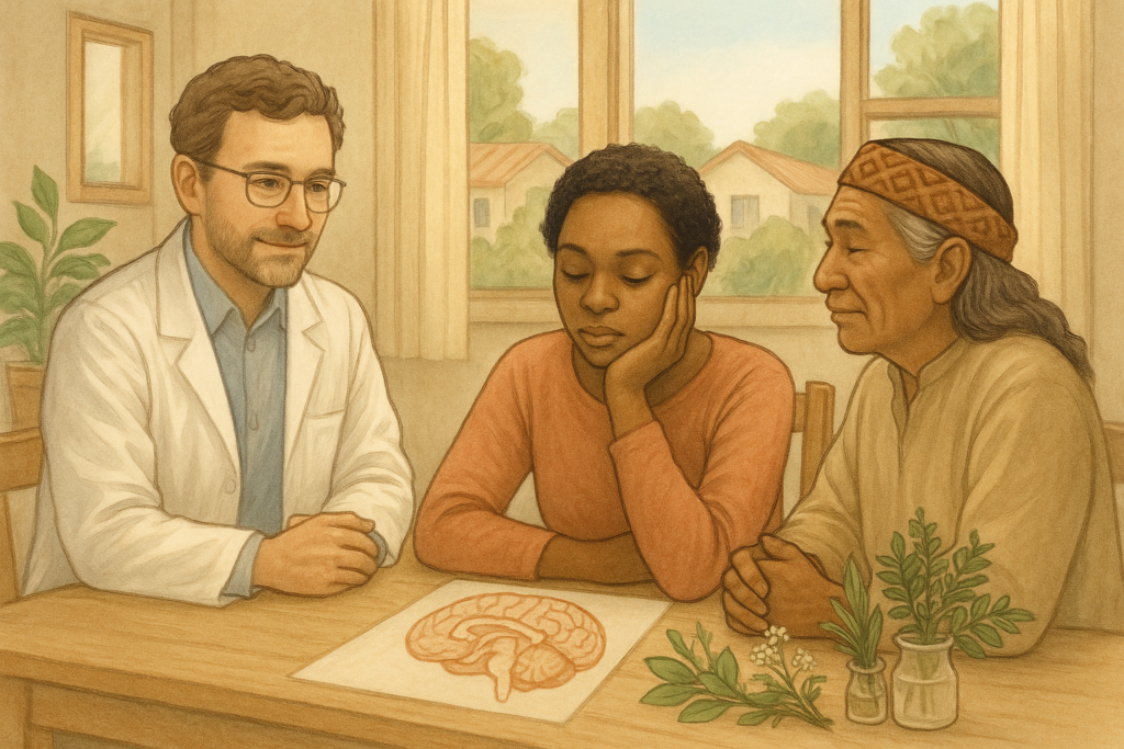 Neuroscientist and traditional healer collaborating to support a person with depression using both modern and natural approaches.