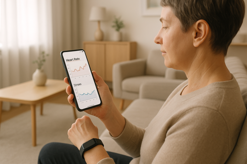 Person in recovery from opioid addiction reviewing heart rate and stress patterns from a wearable device on a smartphone screen.