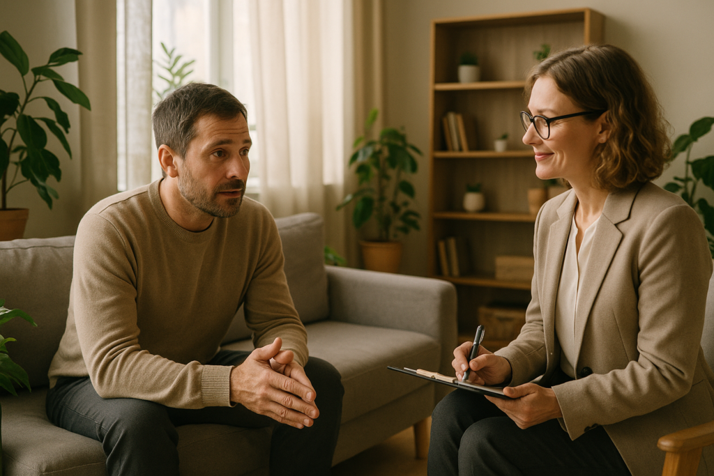 Adult talking with a mental health professional in a calm, sunlit living room, symbolizing supportive depression treatment and recovery.