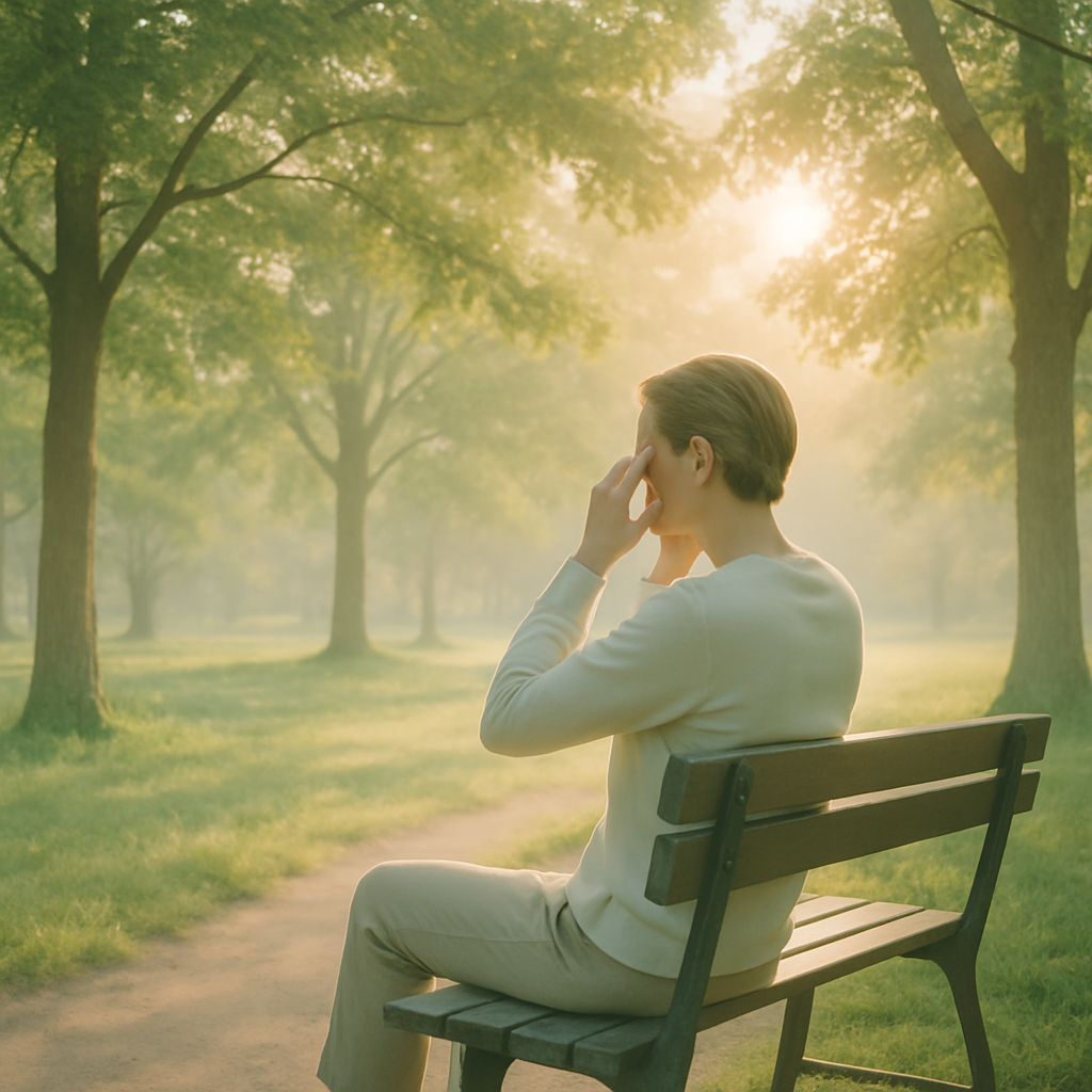 Person with headache sitting quietly on a bench in a green park at sunrise, using nature to help relieve migraine pain.