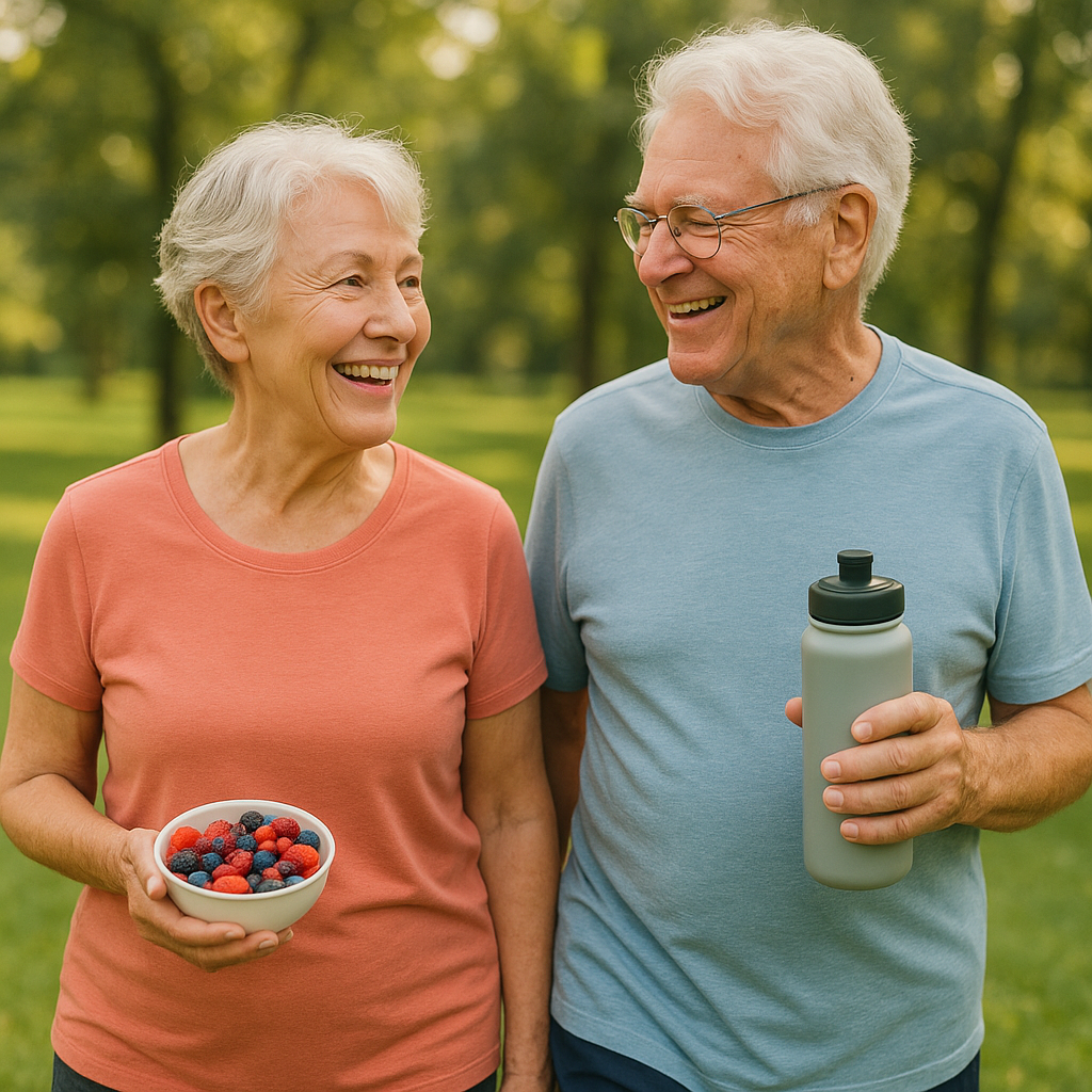 Active senior couple walking in a park while enjoying healthy snacks as part of a healthy aging lifestyle.