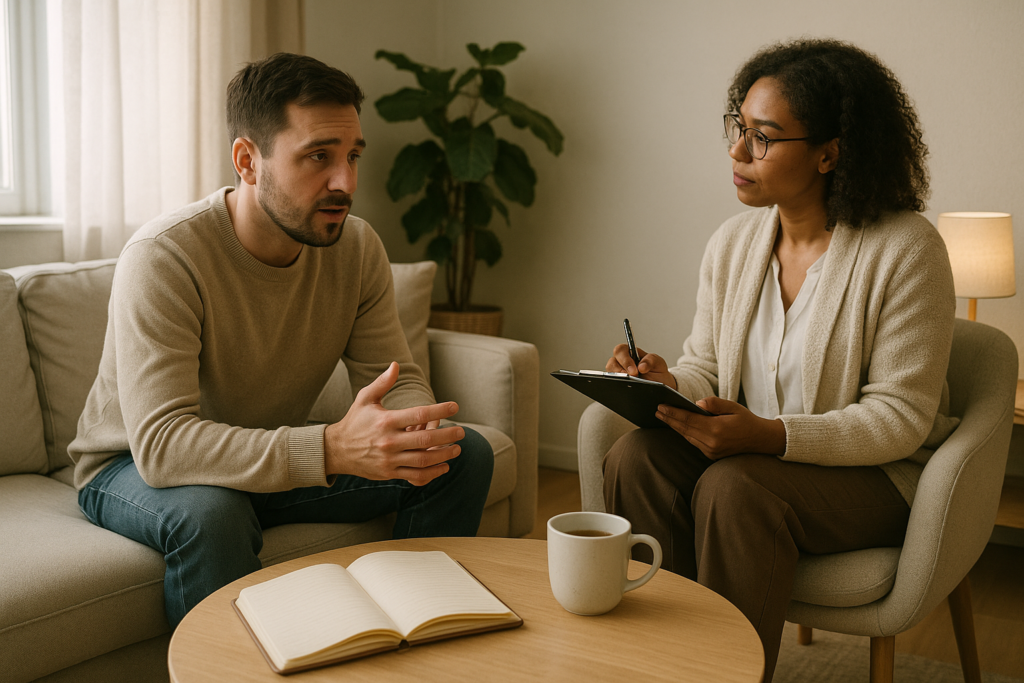 Person speaking with a therapist in a calm living room setting, symbolizing support and treatment for depression.